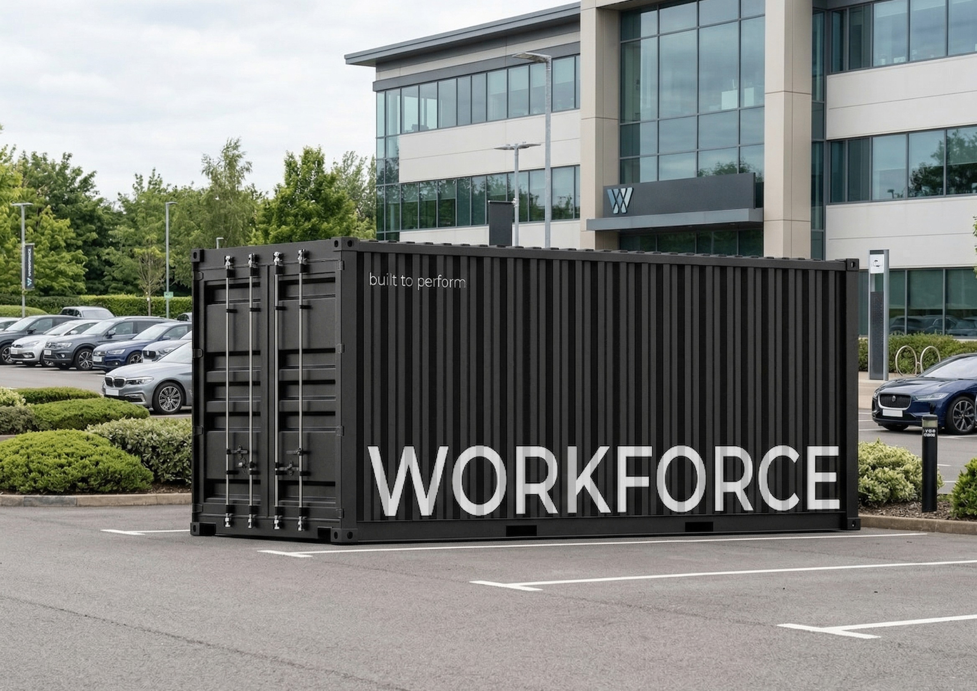 WORKFORCE container placed in an office parking lot